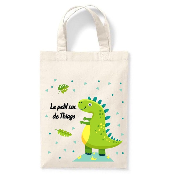 Petit tote bag enfant personnalisé 18x24cm, sac enfant prénom, tote bag école maternelle, sac crèche, sac à doudou, sac dinosaure