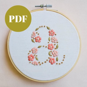 Op de afbeelding: Geborduurde letter "A" in een houten hoepel. De letter is versierd met roze bloemen, groene bladeren en gouden kralen. Een gouden cirkel met het woord "PDF" staat in de linkerbovenhoek. De achtergrond is een lichtroze stof.