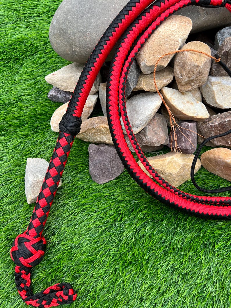 May include: A red and black braided bullwhip with a knotted handle. The whip is lying on a bed of green grass and rocks.