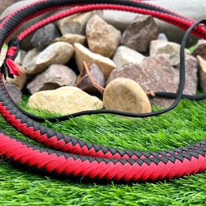 May include: A red and black braided leather bullwhip. The whip is coiled and lying on a bed of green grass.