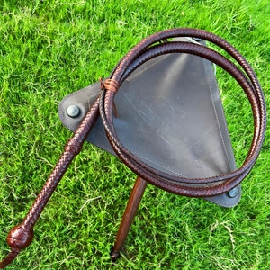 May include: A brown leather bullwhip with a braided handle. The whip is coiled around a brown leather stool.