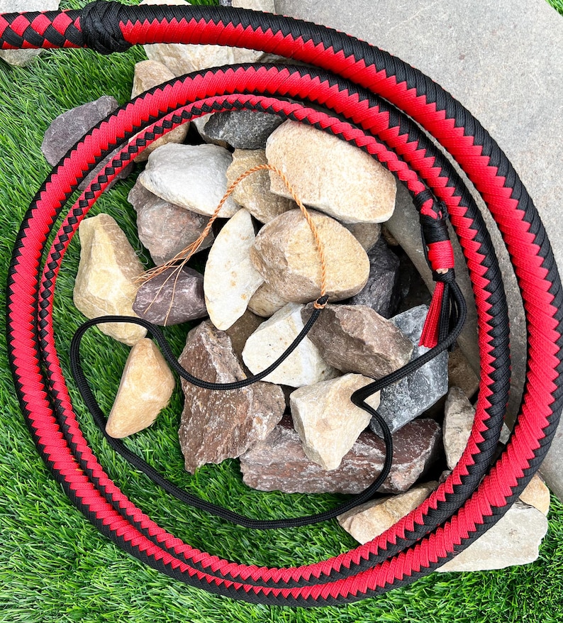 May include: A red and black braided bullwhip with a tassel. The whip is coiled on a bed of rocks.