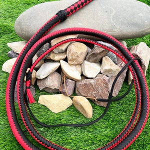 May include: A black and red braided bullwhip with a knotted handle. The whip is coiled on a bed of rocks and green grass.