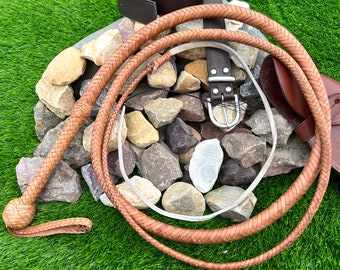 Natural Tan Kangaroo Hide Leather Bullwhip, 4ft to 12ft, 12/16 Plait Bullwhip Indiana Jones Styles, By Riaz Matelia Bullwhip