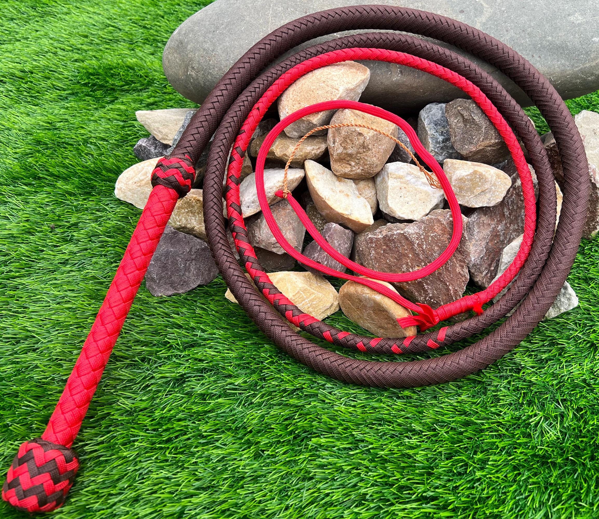 Brown/Red Nylon Shot Loaded Bullwhip, Indiana Jones Style Bullwhip (Waxed/Unwaxed) by Riaz Matelia Bullwhip