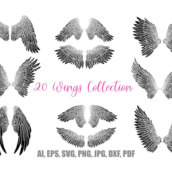 20 Beautiful Black Bird Feather Angel Wings Illustration Collection Clip Art Download Festive SVG