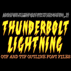 Puede incluir: Un fondo negro con las palabras "THUNDERBOLT LIGHTNING" en letras amarillas en forma de rayo. Encima del texto principal hay una fina línea de letras y números blancos. Debajo del texto principal está el texto "OTF AND TTF OUTLINE FONT FILES" en naranja.