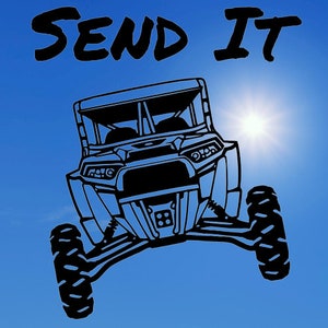 May include: Black silhouette of an off-road vehicle with the words "SEND IT" above it against a blue sky background.