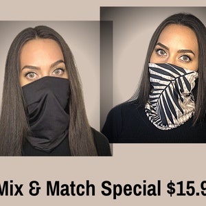 2 Pack BLACK Mix & Match Special, Two Layer (Double) Neck Gaiter Spandex, Soft and Gentle on Skin, Great Mother's or Father's Day Gift