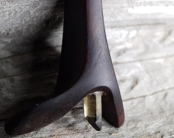 Hand-Carved Lentiscus Wood Pendant: abstract design with smokey quartz point