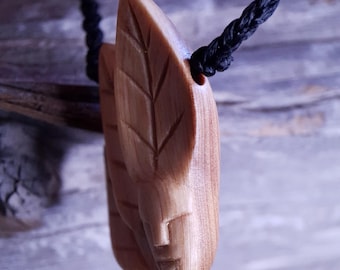 Hand-Carved Juniper Wood  Pendant: nature spirit with leaf hair