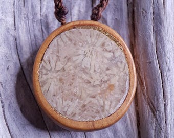 Handcarved Greek Island Coral Fossil Encased in Juniper Wood Pendant. With adjustable chord.