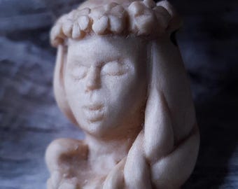 Handcarved Arbutus Wood Pendant: Girl with a flower crown
