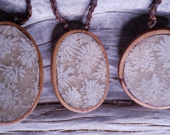 Handcarved Juniper Wood Pendant: Greek Island Coral Fossil Necklace