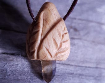 Handcarved Juniper Wood Bell Pendant: Leaf Design, siberian smokey Quartz Crystal
