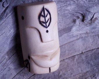 Hand-Carved arbutus Totem Pendant, nature spirit with woodburning design of leaf