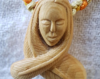 Handcarved Arbutus Wood Meditative Woman Pendant: Forest Amulet