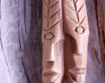 Handcarved Juniper Wood Pendant: two nature spirits with Leaf and third eye , Adjustable Cord
