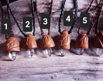 Handcarved Juniper Wood Bell Pendant: Leaf Design, Quartz Crystal