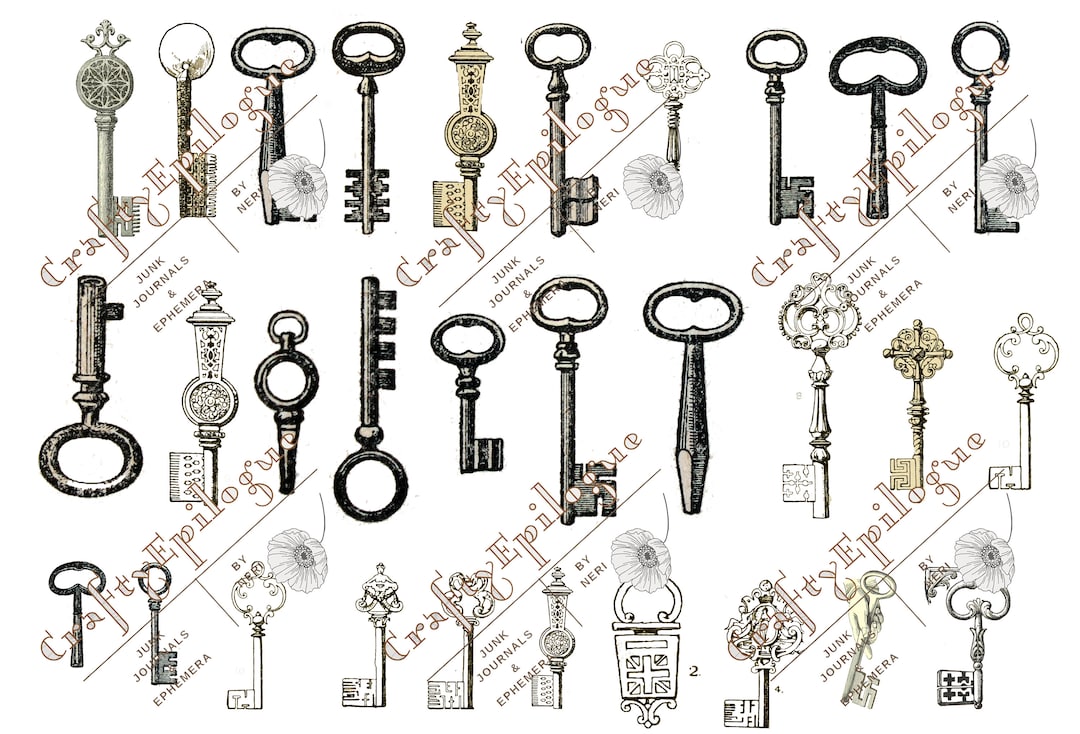 Printable Antique Key Illustrations for Scrapbooks, Junk Journals and