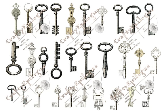 Printable Antique Key Illustrations for Scrapbooks Junk | Etsy