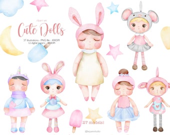 Watercolor Dolls  clipart set, Nursery doll illustration, Me too dolls clipart, PNG file, instant download  commercial use