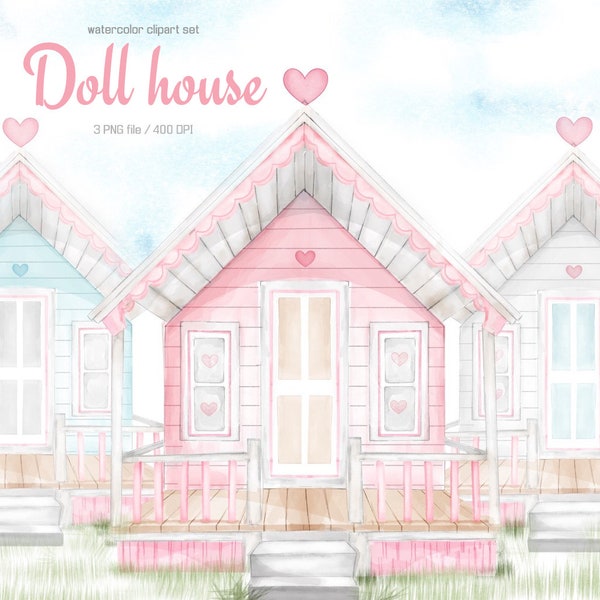 Watercolor Doll house clipart set, hand painted, little cute house, PNG, digital download,commercial use