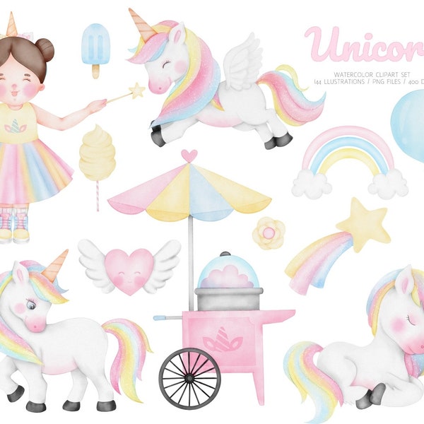 Watercolor Unicorn clipart set  unicorn costume girl png rainbow unicorn graphics candy color party supplies unicorn nursery decor
