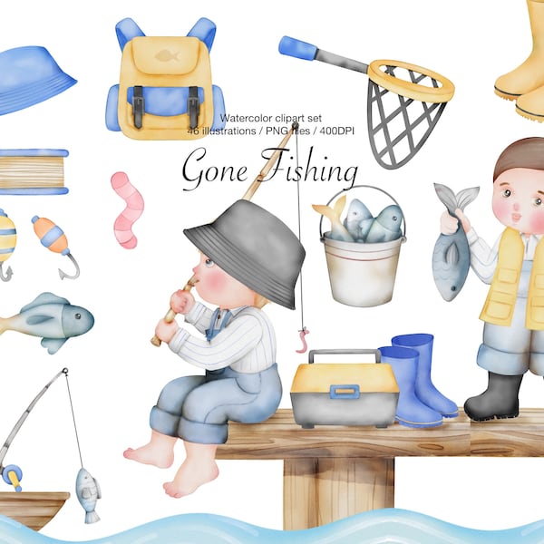 Watercolor Gone fishing clipart set, PNG files for personal and commercial use