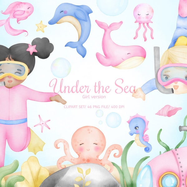 Watercolor Under the sea girl clipart set, baby girl under the sea png, under the sea printable, commercial use, instant download, PNG,