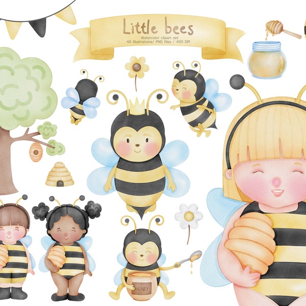 Ensemble de clipart aquarelle petite abeille, illustrations png d'abeille, petit décor de pépinière, client d'abeille png