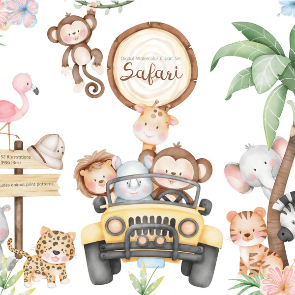 Watercolor safari animals clipart set, cute baby safari animals clipart PNG, jungle clipart, Africa animals illustration, digital download