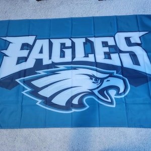Pode incluir: Uma bandeira retangular com a palavra "EAGLES" em letras brancas grandes sobre um logotipo estilizado da cabeça de uma águia. A bandeira é predominantemente azul-petróleo com detalhes brancos e azul escuro.