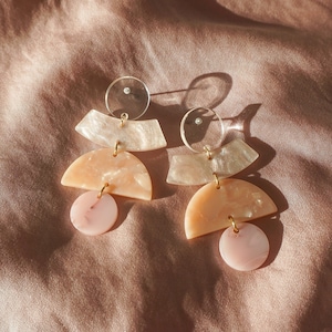 Abstract Shape of a Girl Geometric Arch Earrings Acetate Pink Shimmer Modern Art Inspired Semi Circle Clear Transparent Acrylic Dangles