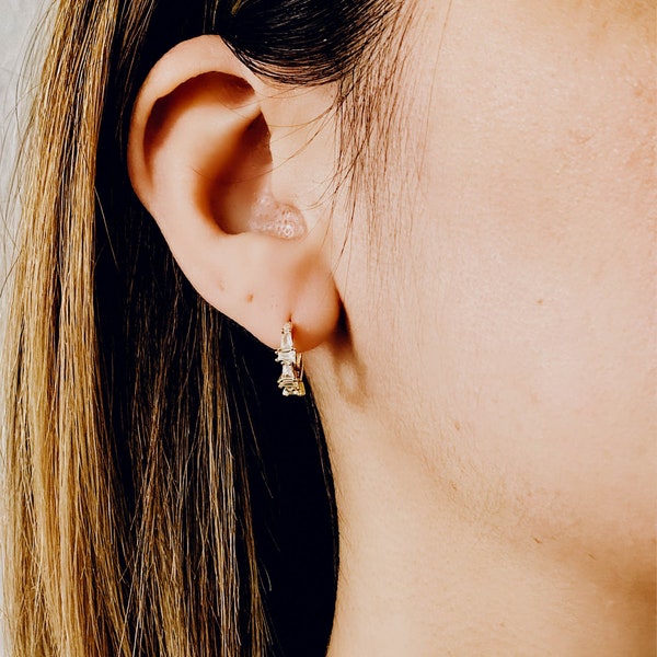 Cubic Hoop Earrings/ Jagged Baguette Earrings/ CZ Hoop Earrings/ Dainty Delicate Earring/ Gold Hoop/ Gold Earrings/ Radiant