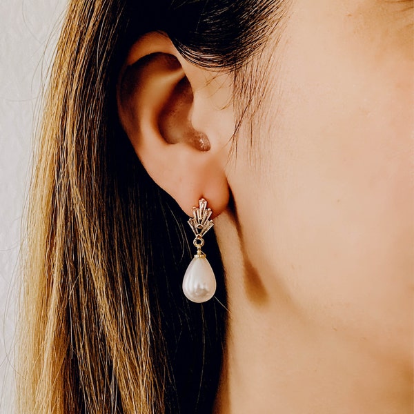 Pearl Earrings/ Bridesmaids Earrings/ Wedding earrings for bridal/ Crystal drop earrings/ Art Deco Earrings/ Florence