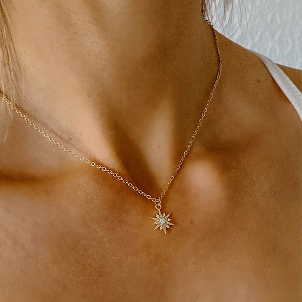 Gold North Star Opal Necklace/ Gold Filled/ Opal Necklace/ Star Necklace/ Dainty Necklace/ Gift for her/ Starburst Necklace/ Gold Necklace