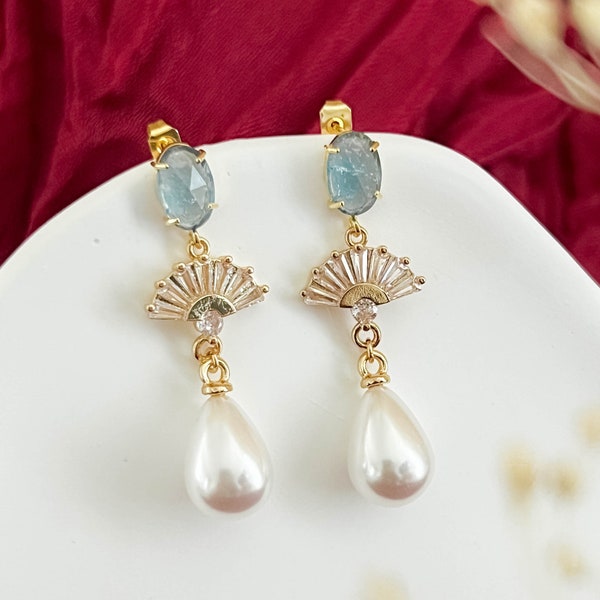 Something Blue Earrings/ Bridal Statement Earrings/ Wedding Jewelry/ Pearl Earrings/ Art Deco Earrings/ Fan Earrings/ Blue Bridal Jewelry