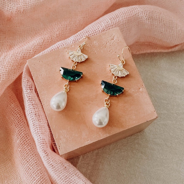 Bridal Statement Earrings/ Pearl Earrings/ Bridesmaids Earrings/ Crystal drop earrings/ Art Deco Earrings/ Emerald Earrings/ AMOUR