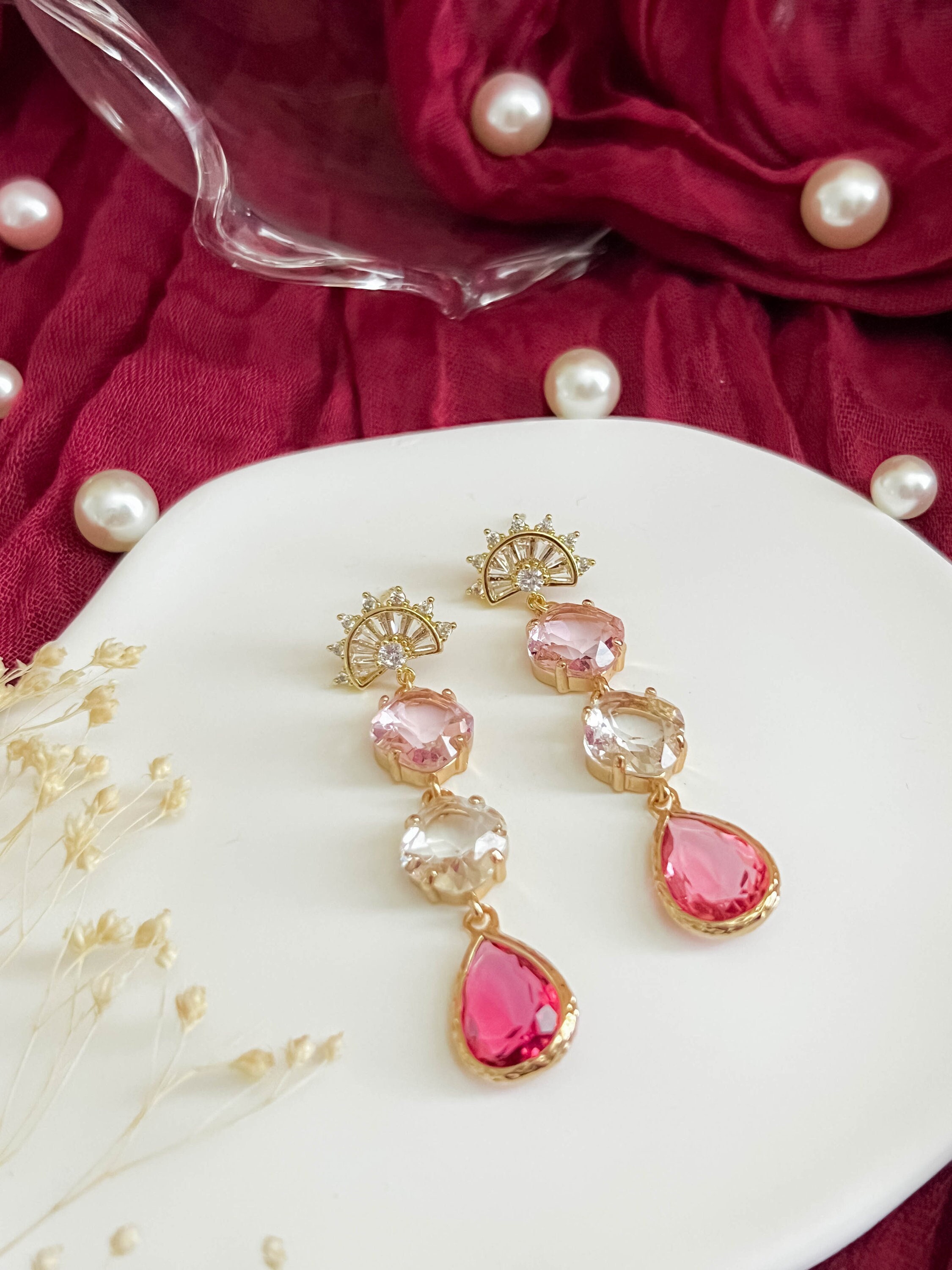 9 Carat Red Gold Drop Earrings with Rose Quartz from Curteis
