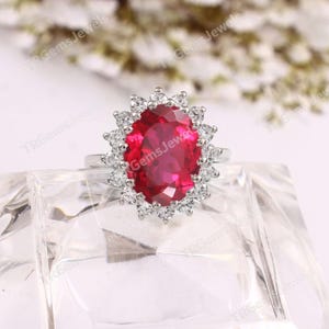 Designer Ruby Halo With Diamond Ring In 14k White Gold, Oval Cut Ruby Gemstone Ring, Statement Engagement Ring, Elegant Ruby Wedding Jewelry