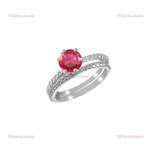 Elegant Flawless Mozambique Ruby Ring Set with Pave Diamond Band, Red 8 MM Round Cut in Yellow Gold 14k, Engagement Ring Gift for Her