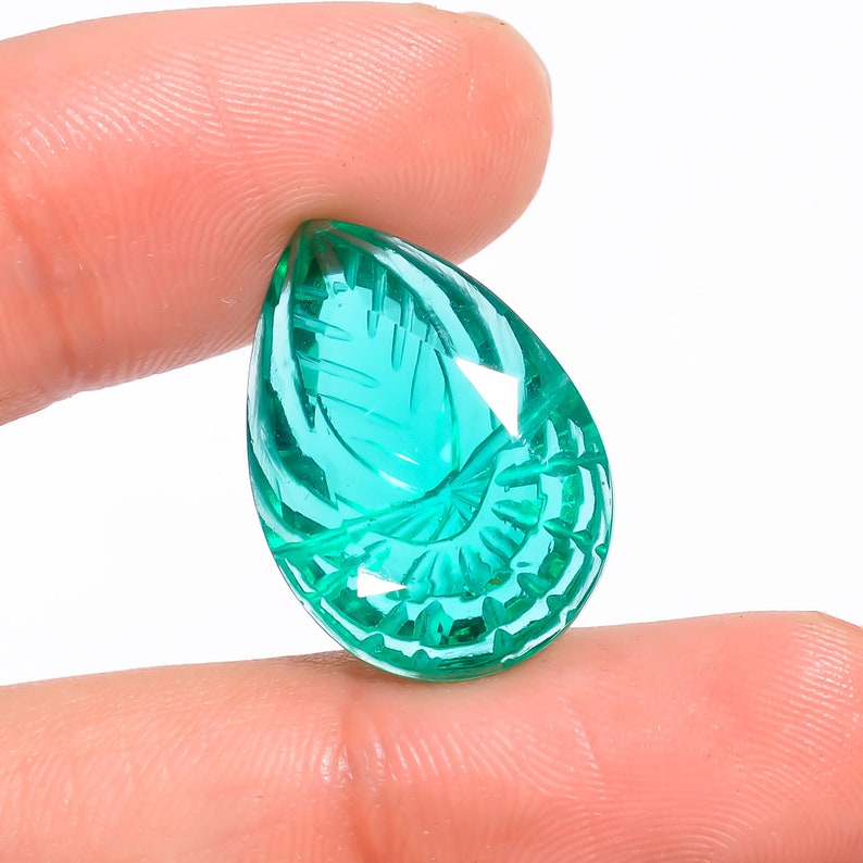 13.85 Ct Attractive Top Grade Quality Lab-Created Green Emerald Pear Shape Carved Loose Gemstone For Making Jewelry 20X15X9 mm M-1484