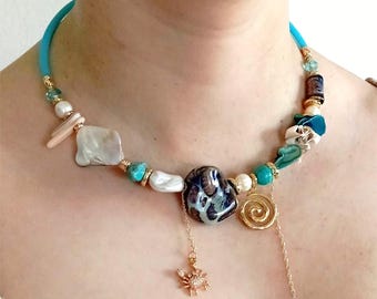 nautical choker necklace,Bohemian Necklace,Summer Beach Collar, starfish ceramic,handmade necklace,