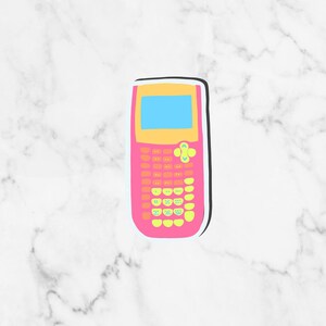 May include: A pink calculator with a yellow display and black buttons. The calculator has a white outline.