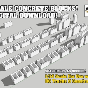 May include: Digital download of scale concrete blocks in various shapes and sizes. The image shows a collection of white, 3D-rendered concrete blocks, with text that reads "SCALE CONCRETE BLOCKS! DIGITAL DOWNLOAD!" and "1/14 Scale For Use with RC Trucks & Construction!"