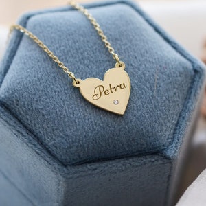 Tiny diamond necklace, Tiny heart pendant, Heart initial charm, Solid gold name necklace