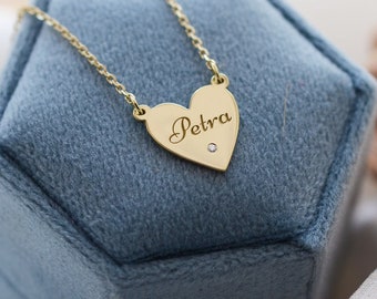 Tiny diamond necklace, Tiny heart pendant, Heart initial charm, Solid gold name necklace