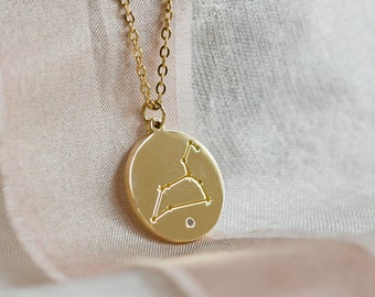 Dainty constellation necklace Zodiac sign necklace Gold coin necklace with diamond