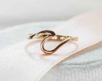 Thin 14K rose gold ring, Ocean wave ring, Skinny gold ring